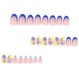 24Pcs Summer Press on Nails Short Almond Fake Nails with Cute Fruit Designs Blue French Tip Stick on Nails Lemon False Nails Blueberry Acrylic Nails Summer Flower Glue on Nails for Women Nail Supply