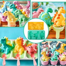 Palksky Moldes de paletas de dinosaurio, paquete de 2 moldes de silicona para niños, reutilizables y únicos moldes para hacer hielo con palos, molde de helado casero de fácil liberación, sin BPA