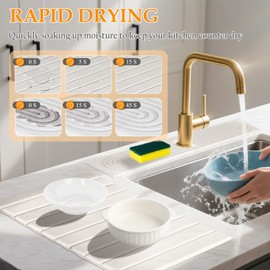 QUEENLINK 2-in-1 Diatomite Drying Set-Large Foldable Drying Mat and Sink Faucet Mat, PU-Coated Absorbent Diatomaceous Earth Mats for Kitchen Sink & Countertop, Dish, Bottle, Utensil Drying System