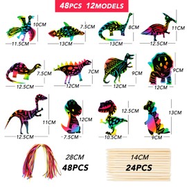 BETESSIN 48 Piece Dinosaur Scratch Pictures Set Rainbow Dinosaur Scratch Paper with Wooden Sticks and Colourful Ribbons Craft Set Scratch Picture for DIY Craft Pendant Party Favour Boys Girls etc.