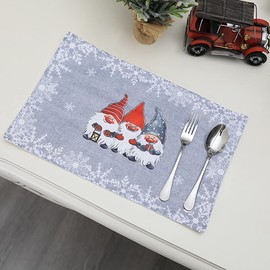 HUIKJI Set of 4 Christmas Gnome Place-mats,Christmas Table Mats for Dining Table Christmas Table Decorations Non-Slip Washable Place Mats for Family Dinners Party Supplies, Grey, M