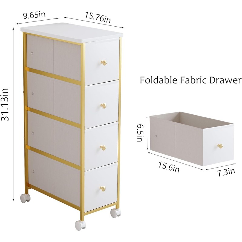 Narrow Side Table with 4 Fabric Drawer, Slim BedsideTable for