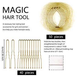 Zonon Bun Hair Nets Invisible Elastic Edge Mesh and U Shaped Pins Set, 50Pcs Individual Package Invisible Hair Nets, 40Pcs U Shaped Pins for Ballet Bun, Sleeping, Women and Wig (Light Linen)