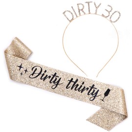 "Dirty Thirty" Sash & Rhinestone Headband Set - 30th Birthday Gifts Birthday Sash for Women Birthday Party Supplies (Gold Glitter/Black)