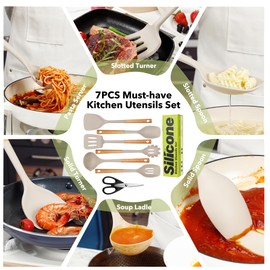 Fyvva Large Cooking Utensils Set 7 Pcs Heat Resistant Silicone Kitchen Utensils Set Food Grade Silicone and Wooden Handles Spatula Soup Ladle Pasta Server Kitchen Gadgets Utensils Set (Khaki)