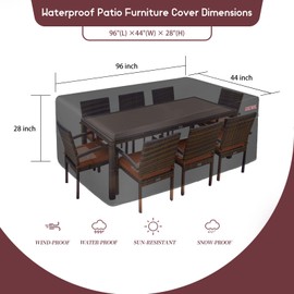 RICHIE Rectangular Garden Patio Table and Chairs Cover, 600D Oxford Fabric Waterproof Patio Set Cover, Outdoor Furniture Table Covers Size 96"L x 44"W x 28"H inch