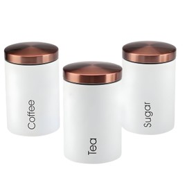 RLS White Set of 3 Tea, Coffee, Sugar canisters Storage Container Set for Kitchen Accessories & Essentials | White & Copper