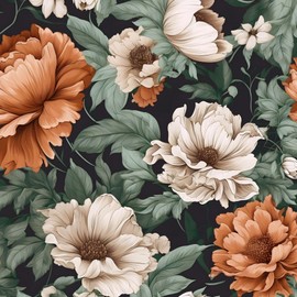 Floral Wallpaper Peel and Stick, Vintage Large Blooming Flowers Contact Paper 17.5" x 393.7", Retro Wall Paper Self Adhesive Removable Waterproof for Room Walls Shelves Cabinet Table (Orange, Green)
