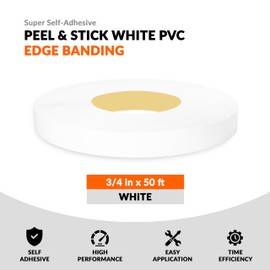 White 3/4 inch x 50 ft PVC Edge Banding Tape Peel Stick Adhesive Edging Veneer Trim Flexible Vinyl Strip Molding Furniture Wood Cabinet Shelf Countertop Board Formica Laminate Plywood Repair