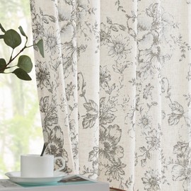Jinchan - Cortinas florales de mezcla de lino para sala de estar y recámara, cortinas estampadas grises de 63 pulgadas de largo, con bolsillo para barra y pestaña trasera, patrón de flores de peonía