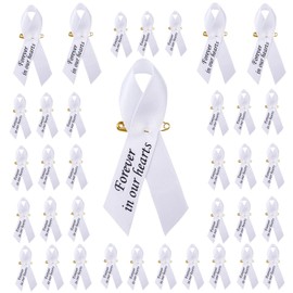 100 PCS White Ribbon Pins, Memorial Ribbons in Forever in Our Hearts for Funeral Mourning Event Bereavement Remembrance