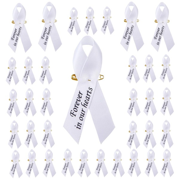 100 PCS White Ribbon Pins, Memorial Ribbons in Forever in