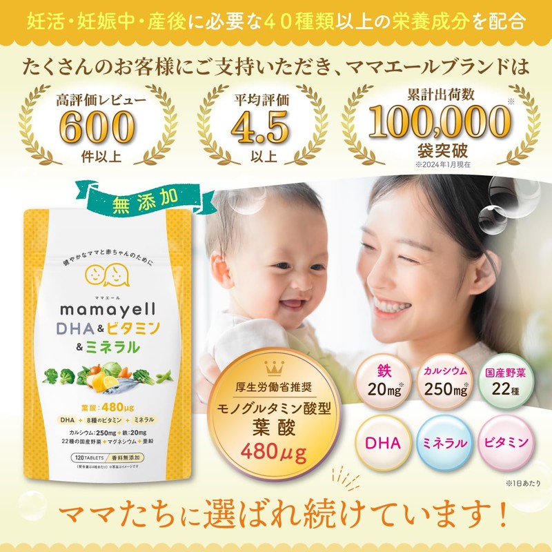 ママエールDHA＆ビタミン＆ミネラル 葉酸 高配合 480μg 妊婦 妊娠 産後 サプリメント DHA 8種類のビタミン