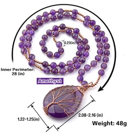 JOVIVI Raw Amethyst Crystal Tree of Life Necklace Women Prayer Mala Meditation Beads Natural Purple Gemstone Healing Chakra Long Necklace Men Jewellery