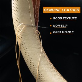 XUKEY Beige Leather DIY Car Steering Wheel Cover Breathable Non-slip  w/ Needle Thread