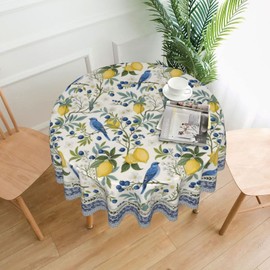 DAFENA Chinoiserie Round Tablecloth 70 Inch Vintage Blue Green Floral Bird Table Cloth Lemon Flower Summer Table Covers Polyester Indoor Outdoor Farmhouse Tablecloths for Kitchen Dining Party Picnic