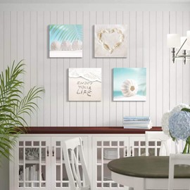 Beach Seashells Artwork Canvas Pictures: Tropical Seaside Scene Painting Print for Wall ( 12'' x 12'' x 4 Panels )