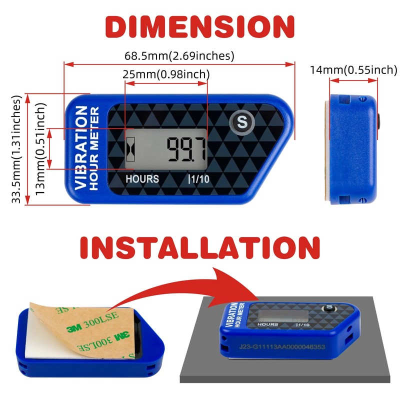 RileyFine Wireless Vibration Hour Meter Resettable Digital Maintenance Timer, User