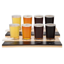 Beer Tasting Flight Sampler Set - 2 Pack Includes Eight 6 oz Pilsner Craft Brew Glasses & 2 Wooden Paddles w Chalkboards - Perfect For Hosting Parties, Game Nights and Great Father's Day Gift for Dad