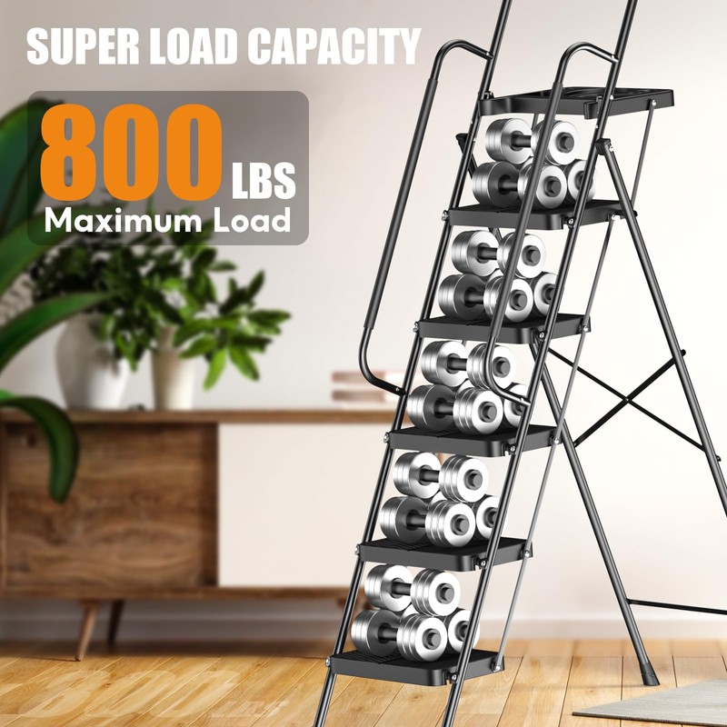 Step Ladder 5 Step Folding with Handrails, 800 LBS Capacity,