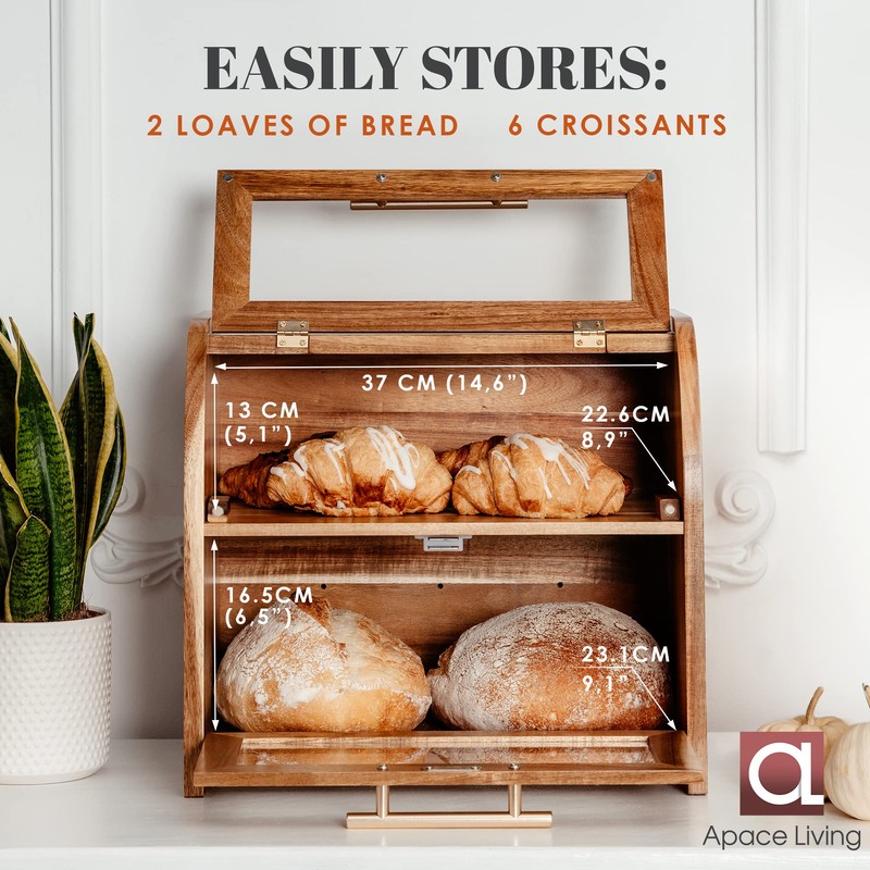 Arise Stylish Acacia Bread Box for Kitchen Countertop, Extra Large