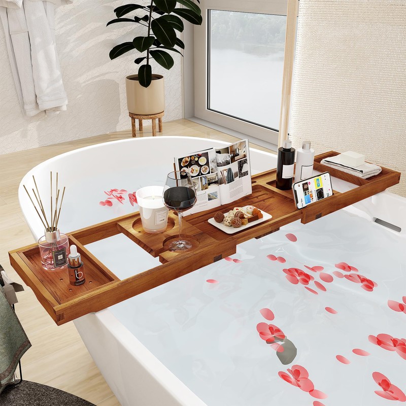 Teak Bathtub Tray - Luxury Bath Tray with Expandable Handles,