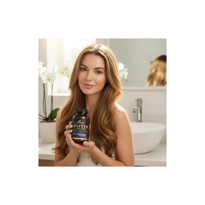 Winyel Biotina Collagen & Keratin 25,000 Mcg 60 Cáps.