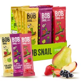 BOB SNAIL Healthy Fruit Snacks for Kids and Adults–30 Fruit Leather Snacks with Apple-Pear, Strawberry, Black Currant–Vegan Low-Carb Variety Pack Strips for Kids–Sugar Free Jerky Bars
