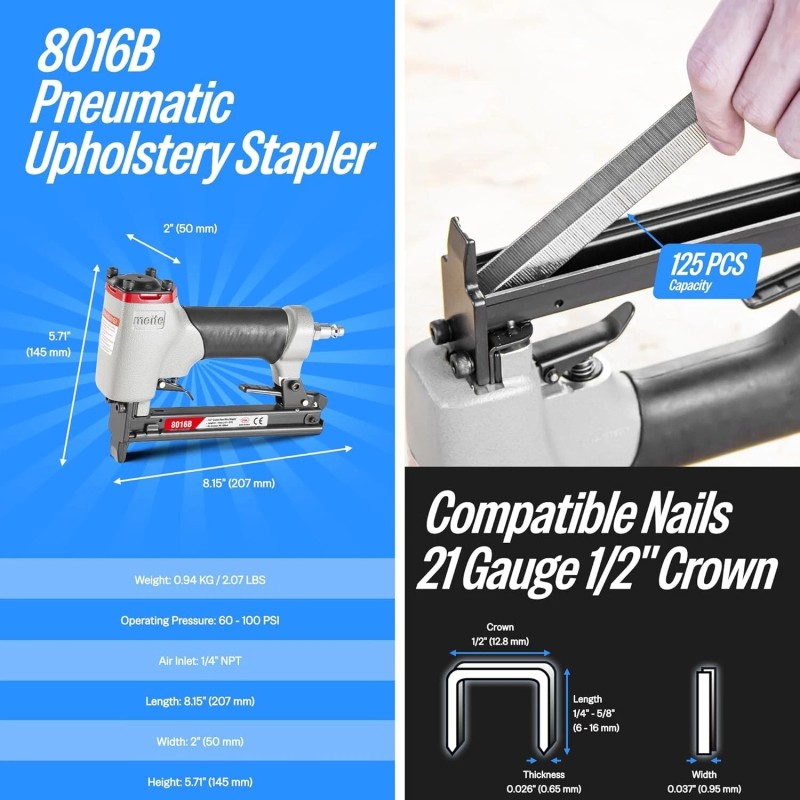 meite 21GA 1/2" Crown 1/4" - 5/8" Pneumatic Upholstery Stapler