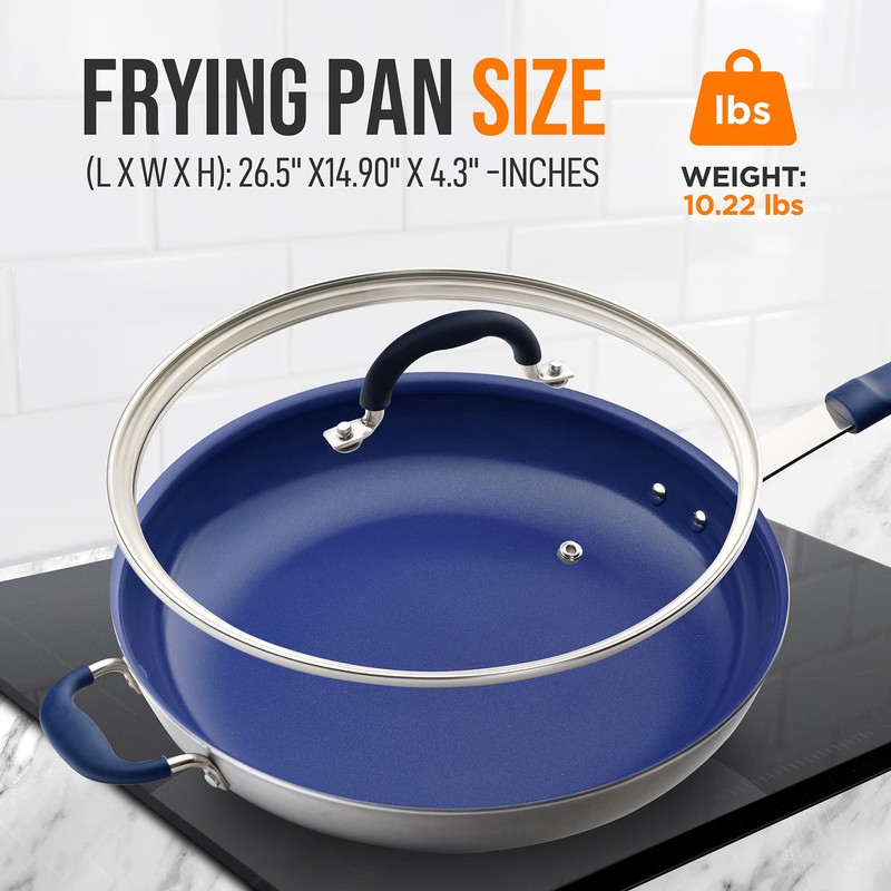 14" Fry Pan With Lid - Extra Large Skillet Nonstick