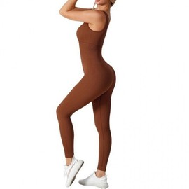 Seamless Double-Layer Knit Belt Jumpsuit Leggings with Built-in Chest Pads and Ribbed Details Sportswear M/Peacock Blue 5ea