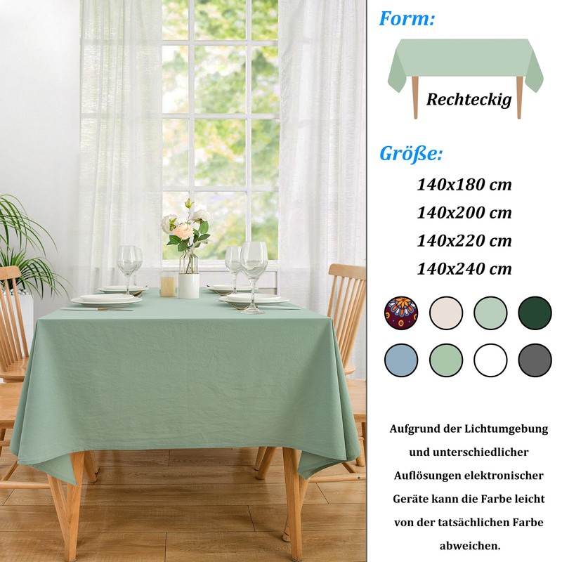 ATsense Tablecloth Mint Green Tablecloths Linen Look 100% Washed Cotton