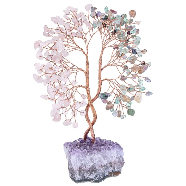 Nupuyai Tree of Life Stone with Natural Amethyst Base Crystal Feng Shui Concentrated Tree Love Symbol for Wedding Office Fluorine & Rose Quartz
