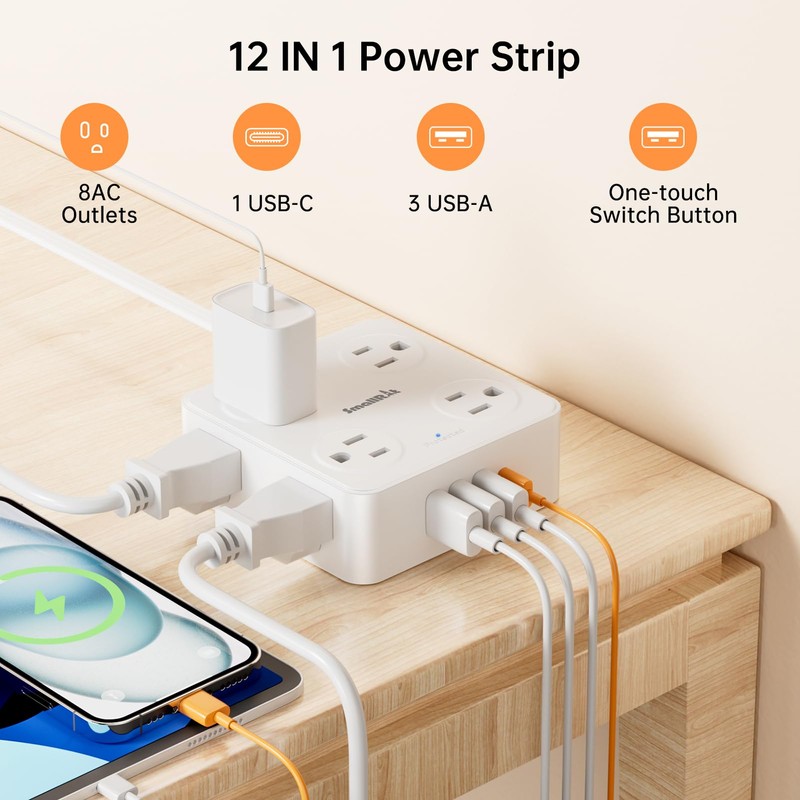 Flat Plug Power Bar with USB C, SMALLRT 6.5FT Flat