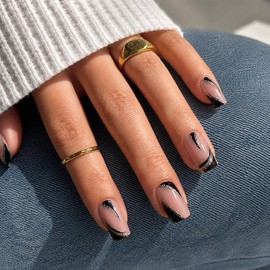 Medium Length Square Press on Nails Black French Tip Fake Nails with Glitter Designs Glossy Coffin Full Cover Stick on False Nail for Women 24 Pcs