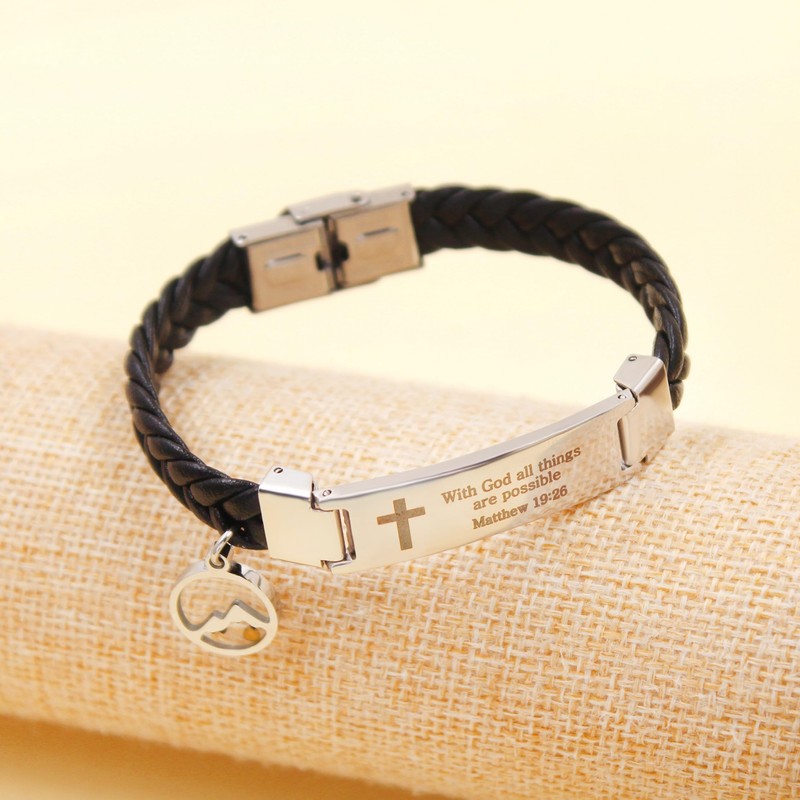 Oneress Men's PU Leather Faith Bracelet, Religious Scripture Bracelets With