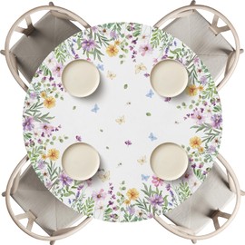 Horaldaily Spring Fitted Tablecloth Best for 45"-56" Round, Wild Flowers Butterfly Elastic Edge Polyester Table Cover for Party Picnic Camping Outdoor Indoor