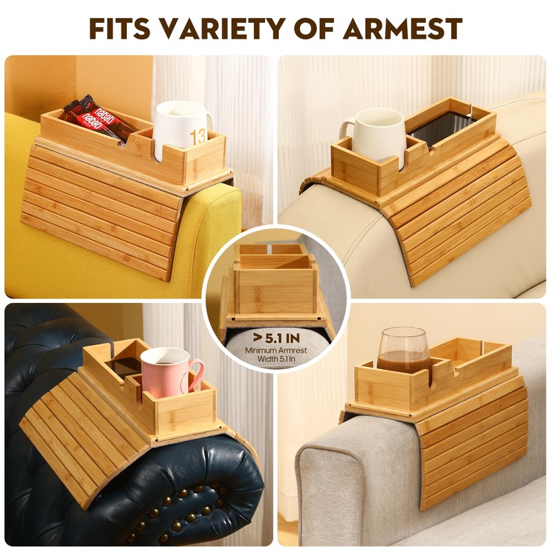 Bamboo Couch Arm Tray with Detachable Cup Holder, 2 in