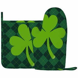 Mxocom Green Clover Oven Mitts and Pot Holders Sets Green Clover Paid Background for Happy St Silicone Heat Resistant Kitchen Oven Gloves Pot Holder for Cooking