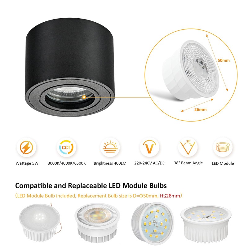 Gleonlux LED Surface-Mounted Spotlight, IP44, Black, Dimmable, Surface-Mounted Spotlights, Flat,