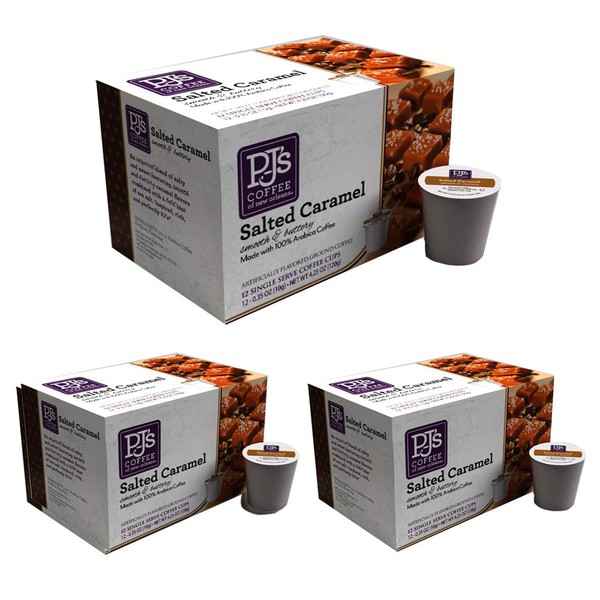 Pack of 3, PJ's Coffee - Salted Caramel Single Serve Cups, 12 Count boxes