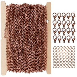 THREENEST 32-Feet 2.5mm Rolo Chains with 20 Lobster Clasps+50 Jump Rings, Cable Link Craft Chain Findings for Necklace Bracelet Earring DIY for Jewelry Making (Copper 2086-B)