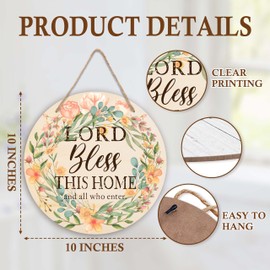 Door Signs For Home, Christian Floral Wreath Wooden Door Sign Decor, Lord Bless This Home Spring Summer Sign For Round Front Door, Farmhouse Porch For Home Decor -10