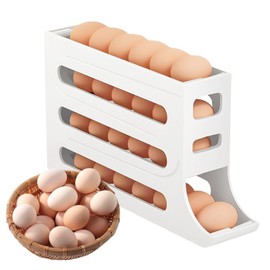Jidyllic 4-Tier Auto Rolling Egg Dispenser,Automatic Scrolling Egg Rack Holder Durable Plastic Kitchen Egg Organizer Space-Saving Egg Dispenser Holder for Fridge and Countertop(White)