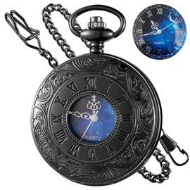 Tiong Roman Numerals Scale Pocket Watch Blue Starry Night Moon Dial Men Pocket Watch with Chain Christmas Graduation Birthday Gifts Fathers Day