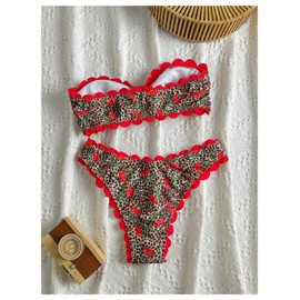 GORGLITTER Women's Cheetah Cherry Bikini Sets Strapless Bandeau Leopard Swimsuit Bathing Suits Brown Small