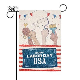 Happy Labor Day Garden Flag Working Tools Stripe Vertical Double Sided Glitter Flag Farmhouse Yard Outdoor Indoor Decoration 12.5x18 Inch