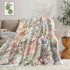 Boho Throw Blanket Pink Floral Patchwork Throw Blankets for Women Cozy Blanket Colorful Vintage Flower Throw Blankets Decorative Soft Cozy Flannel Blanket for Home Bed Sofa Couch Chair, 50"x60"