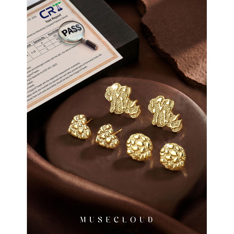 MUSECLOUD 3 Pairs 14K Gold Plated Nugget Earrings for Men