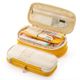 Stationery Bag Large Capacity Students Macaron Color Matching Canvas Pencil Bag Stationery Box Turmeric Beige